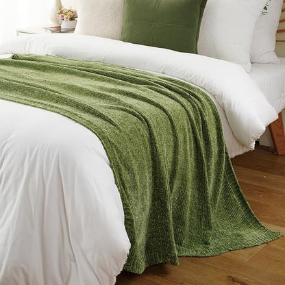BATTILO HOME Chenille Knitted Throw Blanket for Couch, Spring Summer Green Throw Blanket for Home Decor, Decorative Cozy Soft Moss Green Blankets for Bed Sofa Couch Living Room, 51"x67"