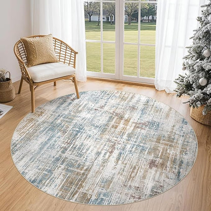 5ft Round Area Rug for Living Room: 5x5 Washable Neutral Abstract Modern Soft Rugs Non Slip Indoor Floor Stain Resistant Carpet for Bedroom Dining Room Office Nursery - Blue Brown