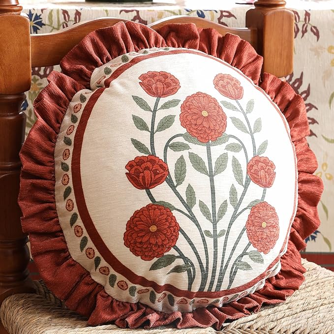 Vintage Round Throw Pillow Covers Pack of 2,Red Cozy Velvet with Leaves and Floral Pattern Pillowcases,Decor Pillows Cushion Covers for Living Room Couch Sofa Bed Car,Diameter 16"