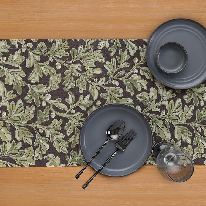 Solino Home 100% Pure Linen Table Runner 90 Inches Long - Floral Print Green and Brown Table Runner 14 x 90 Inch - Handcrafted and Machine Washable - Fallen Leaves Print