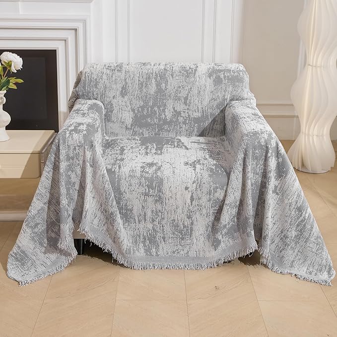 MEETSKY Small Couch Cover Oversized Chair Cover Washable, Chenille Soft Throws Cover for Single Sofa, Abstract Geometric Sofa Slipcover Multi-Use Furniture Protector for Dogs, 71" x 91", Light Grey