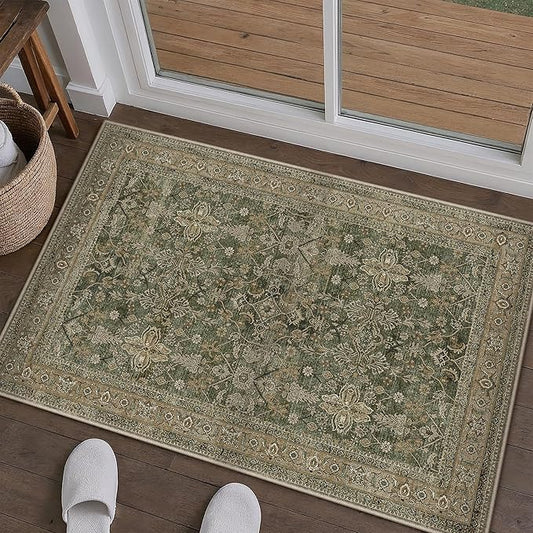 Entryway Area Rug 2x3 Green Brown Vintage Washable Kitchen Bathroom Carpet Traditional Distressed Soft Non Slip Small Door Mat Retro Low Pile Thin Rug for Entrance Laundry Bedroom