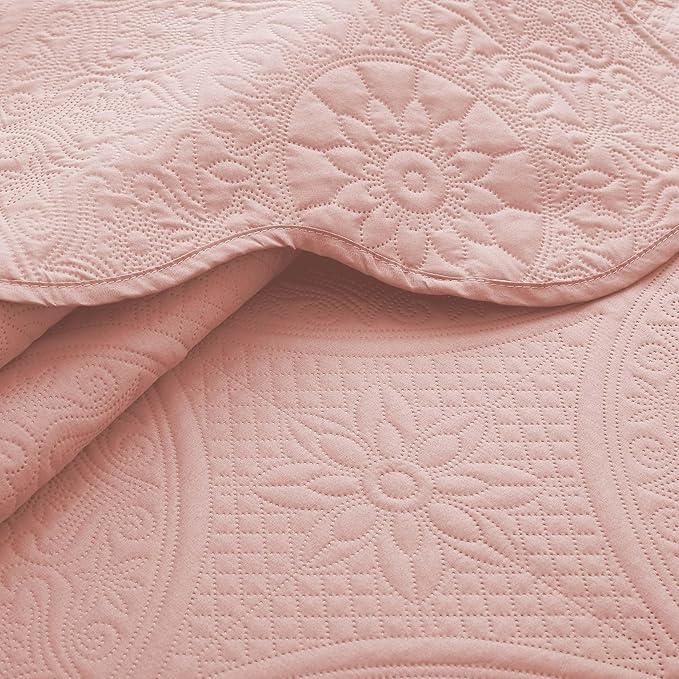 IR Imperial Rooms King Quilt Bedding Set Size (106" x 96") + 2 Pillow Shams (20" x 36"+ 2") - 3 Pcs All Season Lightweight Reversible Microfiber Coverlet Floral Embossed Quilt Bedspread (Baby Pink)