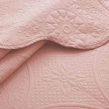 IR Imperial Rooms King Quilt Bedding Set Size (106" x 96") + 2 Pillow Shams (20" x 36"+ 2") - 3 Pcs All Season Lightweight Reversible Microfiber Coverlet Floral Embossed Quilt Bedspread (Baby Pink)