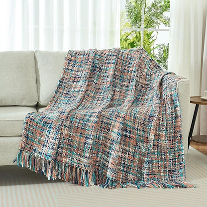 Multi-Color Pink Cable Knitted Throw Blanket for Couch,60"X80" Boho Style Textured Blankets for Home Decor,Super Soft Warm Cozy Chunky Knit Blanket with Decorative Tassels for Bed and Sofa