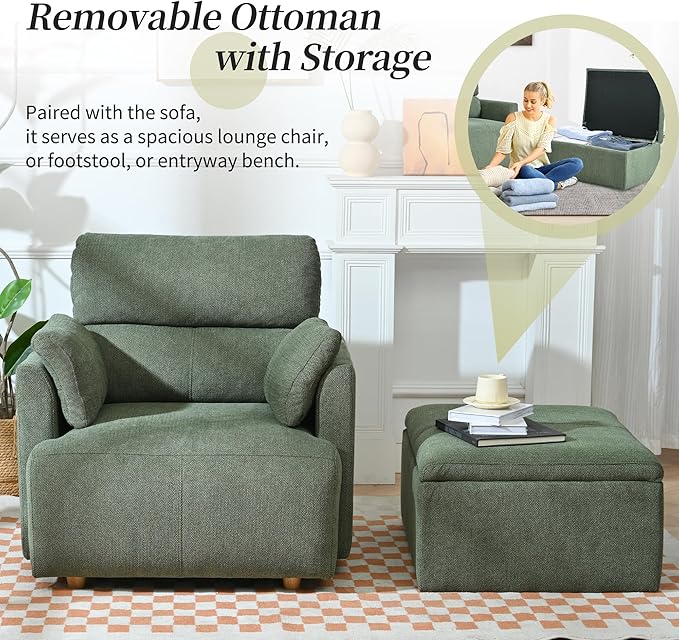 Modern Oversized Accent Chair with Storage Ottoman & Side Pillows, Snowflake Fleece Upholstered Chaise Lounge Chair, Deep Seat Reading Chair for Living Room, 350lbs Capacity