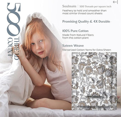 Mayfair Linen 100% Cotton Printed Bed Sheets Full Size Set - 500 Thread Count Cotton Sheets for Full Size Bed, 4 PC Set (Floral Ivory), Cooling, Sateen Weave Hotel Quality 16" Deep Pocket Bedsheet