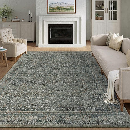 Area Rug 8x10 Gray Living Room Washable Vintage Carpet Non Slip Indoor Retro Traditional Grey Accent Throw Large Rug for Office Bedroom Dining Room Playroom