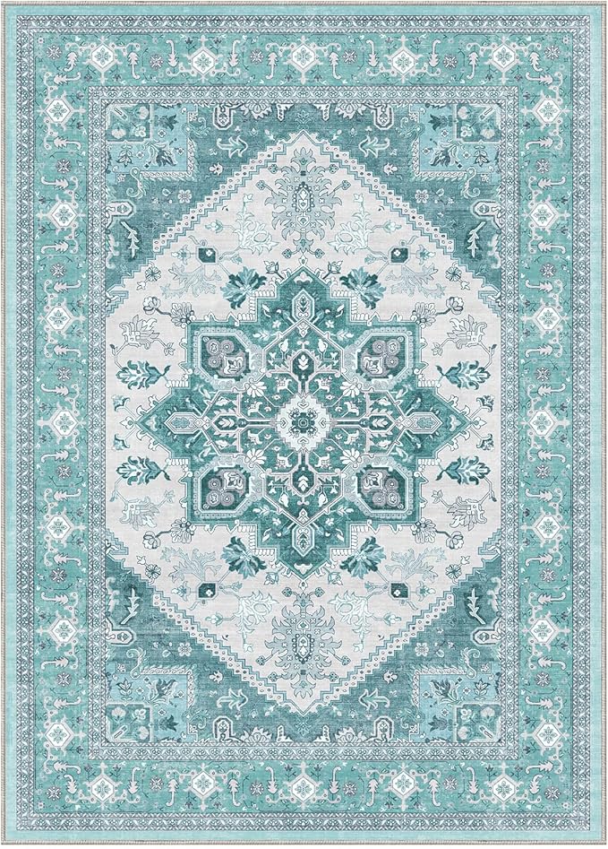 OPPODREAM Thin 6x9 Area Rugs, Washable Rug 6x9 with Non Slip Backing, Faux Cashmere Low-Pile 6 x 9 Carpet, Teal & Turquoise & Cream