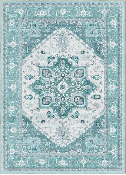 OPPODREAM Thin Area Rugs 9x12 Living Room, Washable Rugs 9x12 with Non Slip Backing, Faux Cashmere Low-Pile 9 x 12 Carpet, Teal & Turquoise & Cream