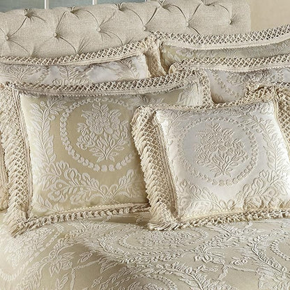 Timeless Vintage Style Bedding with Fringe Edges | Neutral Sage and Ecru | Textured Matelasse Rose Medallions and Leaves | 3-Pc Lightweight Bed Set: Oversized Queen Bedspread & 2 Standard Pillow Shams