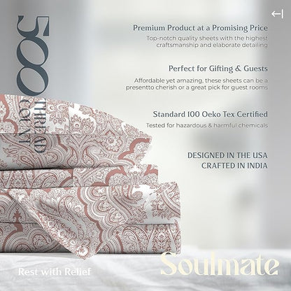 Mayfair Linen 100% Cotton Printed Bed Sheets Twin Size Set - 500 Thread Count Cotton Twin XL Sheets for Dorm Room, 3 PC Set (Paisley Print), Soft, Cooling, Sateen Weave 16" Deep Pocket Bedsheet