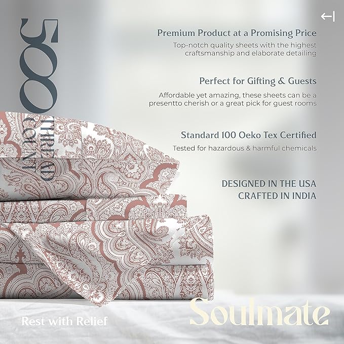 Mayfair Linen 100% Cotton Printed Bed Sheets Twin XL Set - 500 Thread Count Cotton Twin XL Sheets Only, 3 PC Set (Paisley Print), Soft, Cooling, Sateen Weave 16" Deep Pocket Dorm Room Bedsheet