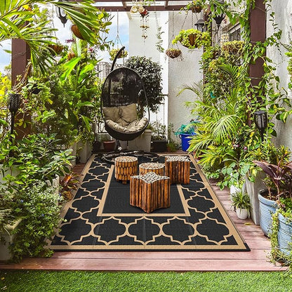 GENIMO Outdoor Rug 9' x 12' Patio Waterproof, Foldable Reversible Plastic Straw Area Rugs Mat for Camper Decor, Outside Carpet for Rv, Deck, Porch, Picnic, Beach, Balcony, Black & Brown