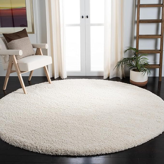SAFAVIEH Milan Shag Collection Area Rug - 8' Round, Ivory, Solid Design, Non-Shedding & Easy Care, 2-inch Thick Ideal for High Traffic Areas in Living Room, Bedroom (SG180-1212)