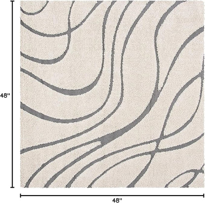 SAFAVIEH Florida Shag Collection Area Rug - 4' Square, Cream & Grey, Non-Shedding & Easy Care, 1.2-inch Thick Ideal for High Traffic Areas in Living Room, Bedroom (SG471-1180)