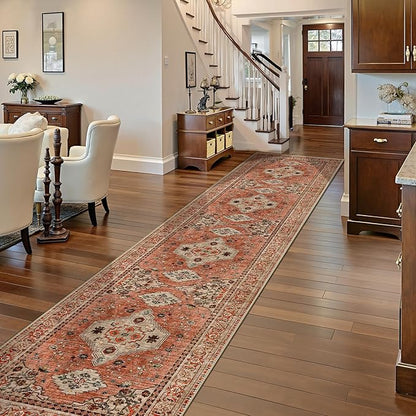 Tangsoo Boho Hallway Runner Rug 2.6x14 Washable Runner Rug for Hallways, Non Slip Vintage Soft Low Pile Long Rug Runner, Oriental Terracotta Carpet Runners for Kitchen Bedroom Entryway Living Room