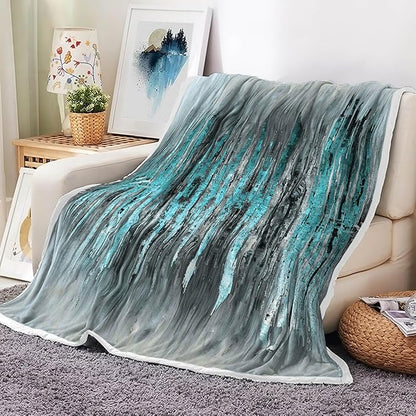 Abstract Throw Blankets, Modern Teal Gold CrackNon Cozy Warm Bed Couch Blanket, Stripe Contemporary Abstract Painting White Fleece Flannel Throws to Decorate The Room and Bedroom