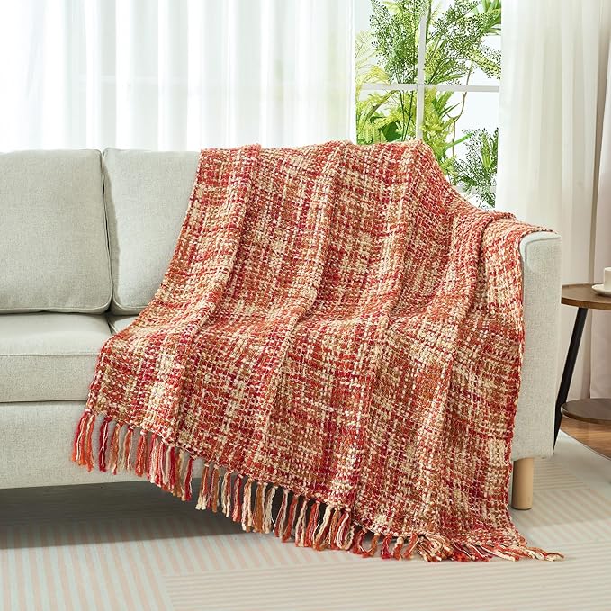 Multi-Color Dark Red Cable Knitted Throw Blanket for Couch,60"X80" Boho Style Textured Blankets for Home Decor,Super Soft Warm Cozy Chunky Knit Blanket with Decorative Tassels for Bed