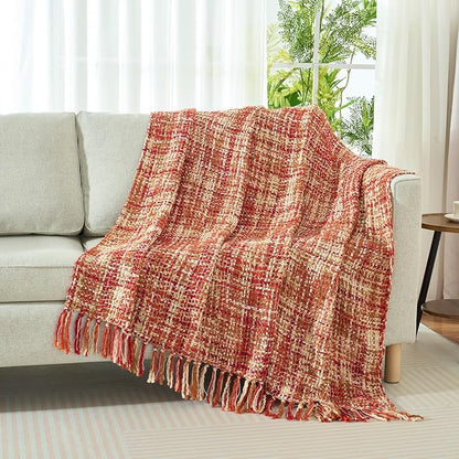 Multi-Color Dark Red Cable Knitted Throw Blanket for Couch,60"X80" Boho Style Textured Blankets for Home Decor,Super Soft Warm Cozy Chunky Knit Blanket with Decorative Tassels for Bed