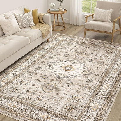 Vintage Living Room Area Rug 7x9 - Large Soft Washable Oriental Traditional Distressed Farmhouse Rugs for Bedroom - Indoor Floor Accent Carpet for Home Office House Decor - Beige