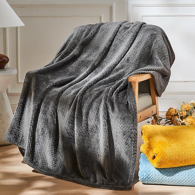 NEWCOSPLAY Super Soft King Blanket Dark Grey Premium Silky Flannel Fleece Leaves Pattern Lightweight Bed Blanket All Season Use (Dark Grey, King(90"x110"))