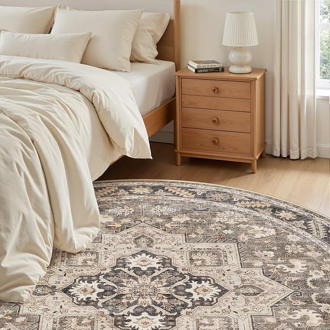 5ft Round Vintage Living Room Area Rug - 5x5 Large Soft Washable Oriental Traditional Distressed Farmhouse Rugs for Bedroom - Indoor Floor Accent Carpet for Home Office House Decor - Brown