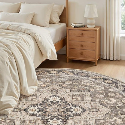 5ft Round Vintage Living Room Area Rug - 5x5 Large Soft Washable Oriental Traditional Distressed Farmhouse Rugs for Bedroom - Indoor Floor Accent Carpet for Home Office House Decor - Brown