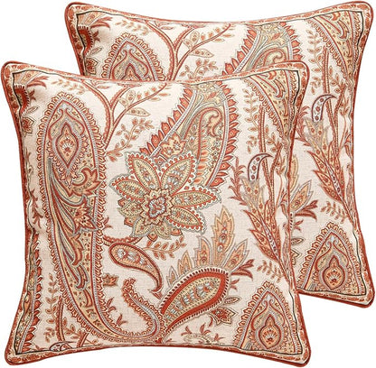 ISAENNE Design Linen Classic Vintage Throw Pillow Covers 18"x18" Pack of 2, Square Cushion Covers with Orange Yellow Paisley Style Pattern Decoration Pillowcases for Bed,Living Room,Outdoor,Car