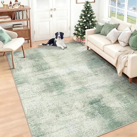 5x7 Area Rugs for Living Room: Washable Rug Modern Abstract Neutral Soft Rugs Non-Slip Low-Pile Indoor Floor Carpet for Bedroom Dining Room Nursery (Green, 5'x7')