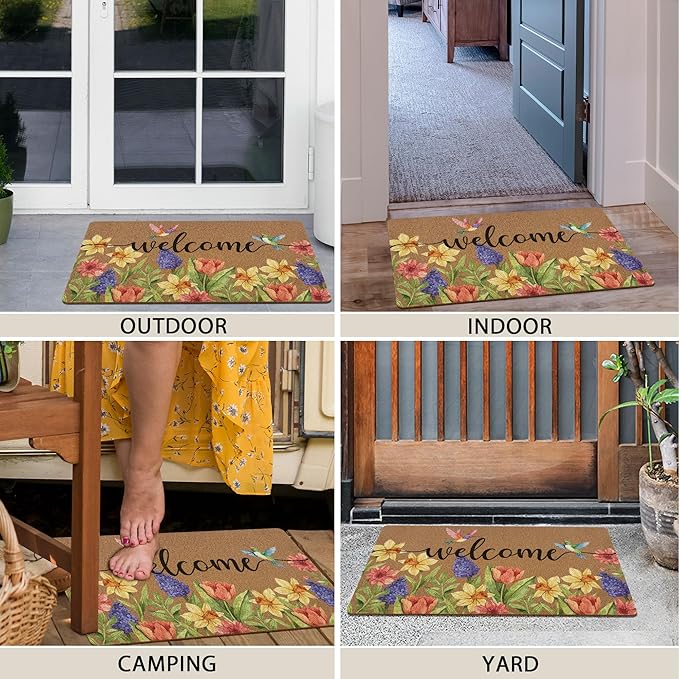 Spring Colorful Floral Birds Door Mat, Flower Welcome Front Door Mat Indoor Outdoor Entrance, Rustic Botanical Artificial Coir Doormat Rugs for Patio Entry Kitchen Decor 30x17in