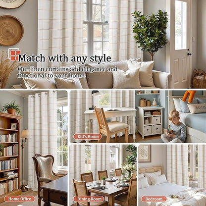 Linen Blackout Curtains for Living Room - Boho Plaid Pattern Thermal Insulated Grommet Cottage Core Window Treatments Rustic Drapes for Farmhouse, 52x84 Inch 2 Panels, Terracotta