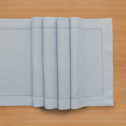Solino Home Linen Dusty Blue Table Runner 72 Inches Long - 100% Pure Linen Hemstitch Table Runner 14 x 72 Inch for Dresser, Dining - Classic Hemstitch