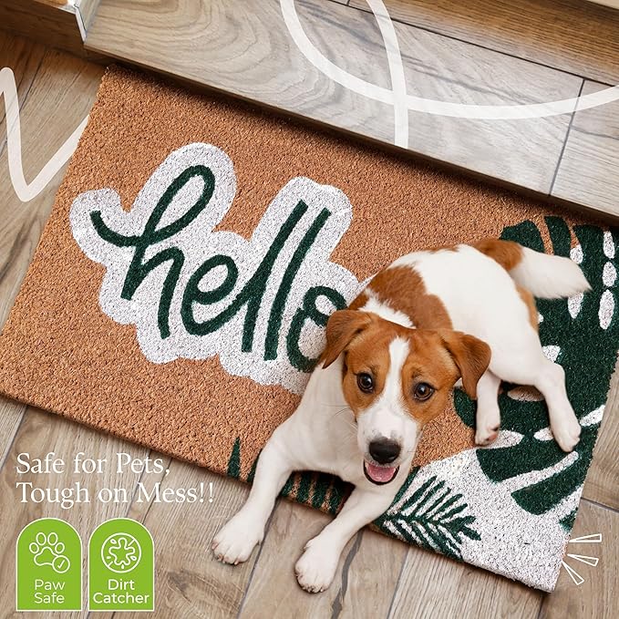 Coir Door Mats 17" X 30", Non-Slip Sturdy, PVC Backed Heavy Duty, Easy to Clean, Ideal for Door Entrance, Patio, Porch, Backyard, Garages, Hello - Green Leaves