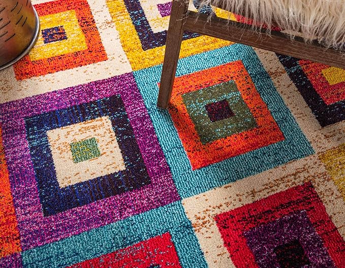 Unique Loom Estrella Collection Colorful, Geometric, Squares Modern, Abstract Area Rug (6' 0 x 6' 0 Round, Multi/Beige)