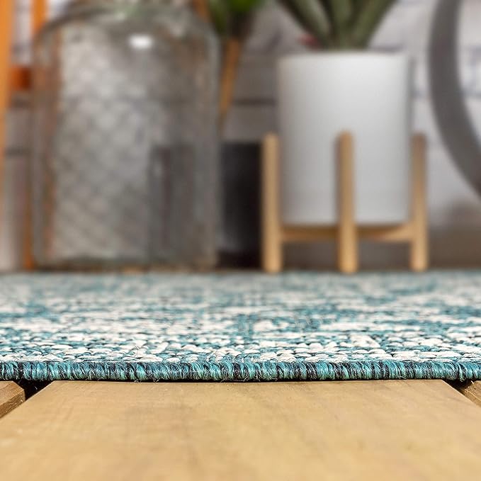 JONATHAN Y Weave Floral Indoor Outdoor Round Area Rug 3 Ft Teal/Gray, Tela Bohemian Textured for Backyard, Patio, Porch, Easy-Cleaning, High Traffic, Pet-Friendly, Non-Shedding (SMB100C-3R)