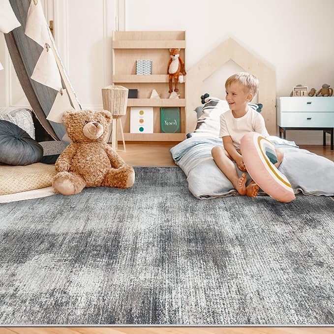 6x9 Area Rugs for Living Room: Washable Rug Modern Abstract Neutral Soft Rugs Non-Slip Low-Pile Indoor Floor Carpet for Bedroom Dining Room Kitchen (Grey, 6'x9')