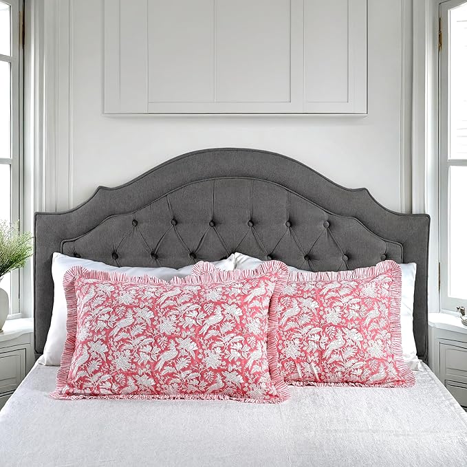 CPC Ruby Red 100% Cotton Block Print Ruffle Sham Cover 20X30 inch Pack of 2, Handmade Boho Floral Pillowcase, Soft Decorative Queen Bed Pillow Cover for Bedroom Décor