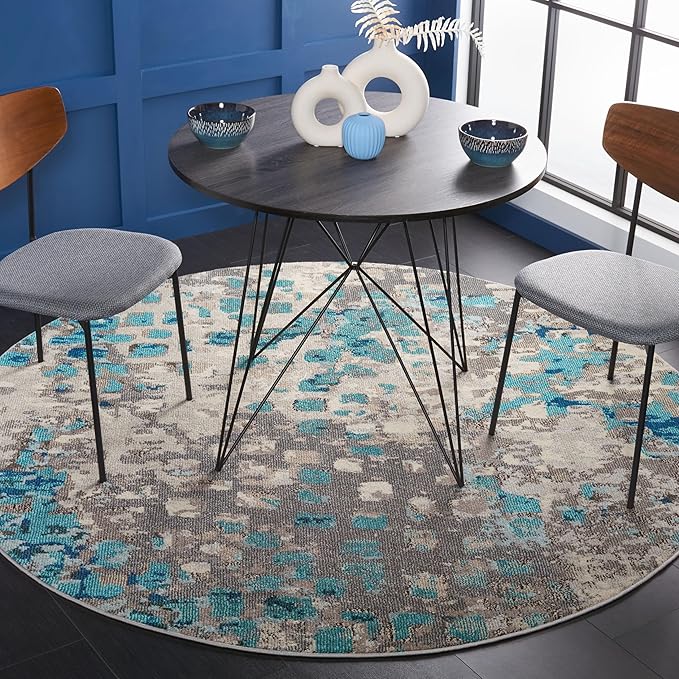 SAFAVIEH Monaco Collection Area Rug - 8'8" Round, Grey & Light Blue, Boho Chic Abstract Watercolor Design, Non-Shedding & Easy Care, Ideal for High Traffic Areas in Living Room, Bedroom (MNC225E)