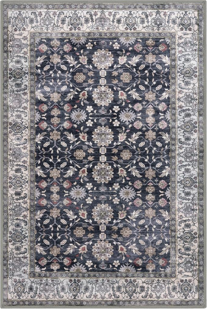 KUTA 3x5 Rugs for Entryway, Vintage Floral Area Rug Washable Non-Slip Grey Black Beige Ultra Thin Soft Printed Distressed Entry Low-Pile Throw Carpet for Bedroom Nursery Living Room
