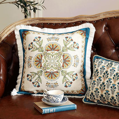 patdrea Designer Square Throw Pillow Covers Set of 2,French Vintage Blue Farmhouse Linen Floral Pattern Pillow Cover,Decorative Pillowcases Cushion for Bed Living Room Outdoor Car,18"x18"