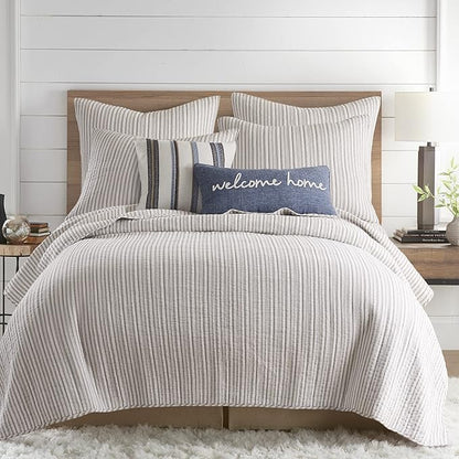 Levtex Home - Tobago Stripe Taupe - Quilted Taupe and White Shams Set of Two (26x26in.), No Insert - Pin Stripe - Cotton Fabric