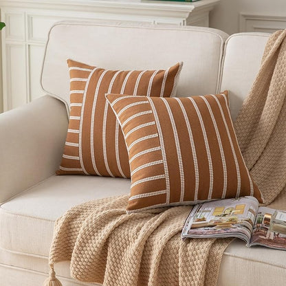 Caflife Boho Throw Pillow Covers 20x20 Set of 2 Soft Farmhouse Decorative Couch Pillow Cases Brown Striped Pillow Covers Neutral Cushion Covers for Sofa Bed Living Room Home Decor