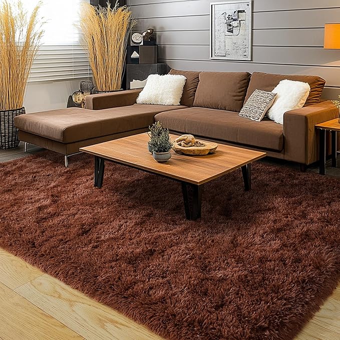 Brown Plush Rug for Living Room Fuzzy Carpet for Bedroom Dorm, Non-Slip High Pile Rug, Shag Rug for Playroom Nursery Home Office Decor 8X10 Ft