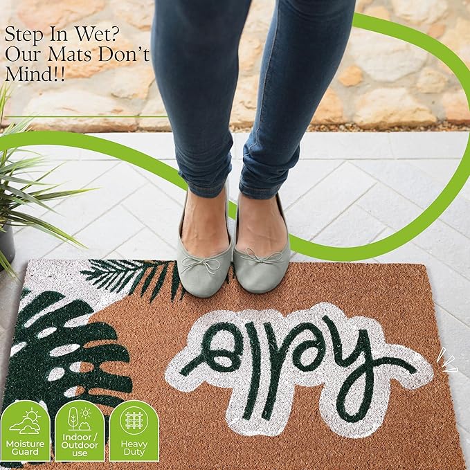Coir Door Mats 17" X 30", Non-Slip Sturdy, PVC Backed Heavy Duty, Easy to Clean, Ideal for Door Entrance, Patio, Porch, Backyard, Garages, Hello - Green Leaves