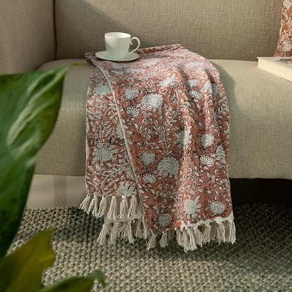 100% Pure Cotton Handblock Printed Throw Blanket, Soft 50" x 60" Fringed Floral Print Throw for Couch, Sofa, Chair, Bed - Cozy, Machine Washable, Comfortable Home Decor