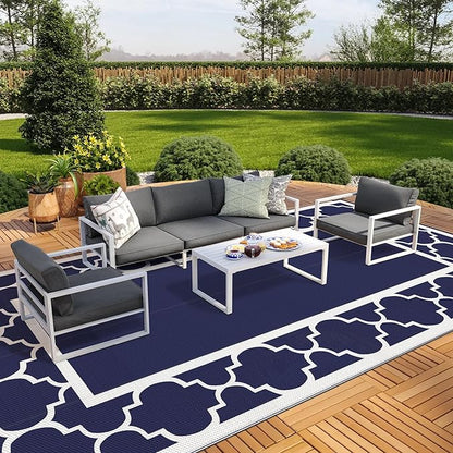 GENIMO 10 ' x 20 ' Outdoor Rug Waterproof for Patio Decor, Foldable Reversible Plastic Straw Area Rugs Mat for Camper, Outside Carpet for Rv, Deck, Porch, Picnic, Beach, Balcony, Blue & White