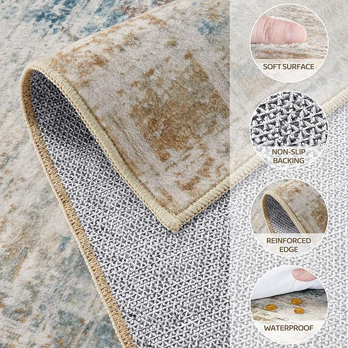 Area Rug for Living Room: 10x14 Washable Neutral Abstract Modern Soft Rugs Non Slip Indoor Floor Stain Resistant Large Carpet for Bedroom Dining Room Office Nursery - Blue Brown