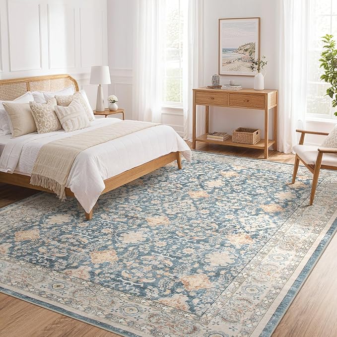 Vintage Living Room Area Rug 10x12 - Large Soft Washable Oriental Traditional Distressed Farmhouse Rugs for Bedroom - Indoor Floor Accent Carpet for Home Office House Decor - Dark Blue