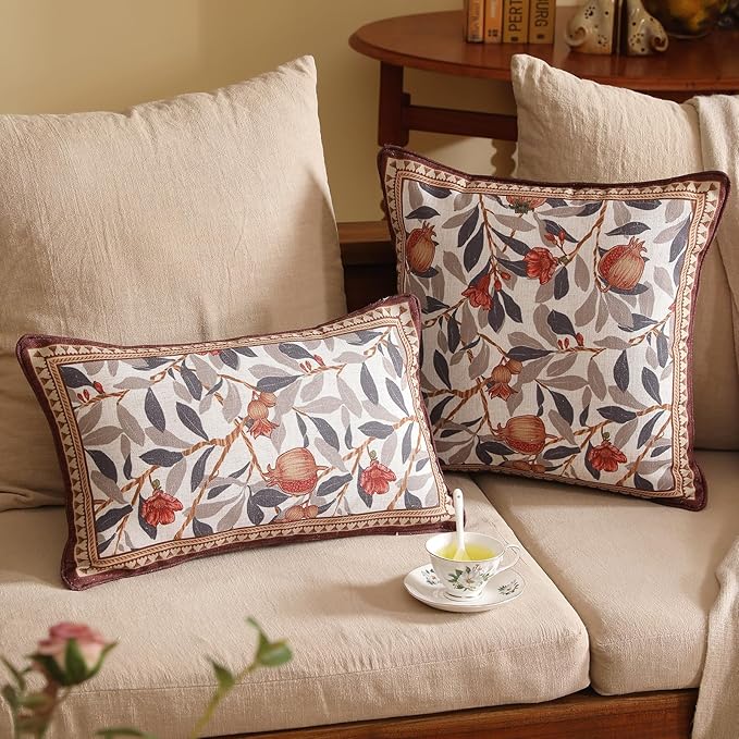 patdrea Designer Throw Pillow Covers Set of 2,Orange Farmhouse Rustic Linen with Pomegranate Fruit Pattern Pillow Covers,Decorative Square Pillowcases Cushion for Bed Living Room Outdoor,18"x18"
